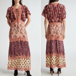 NWT Farm Rio Glam Tapestry Lace Trim Maxi Dress in Burgundy, size S